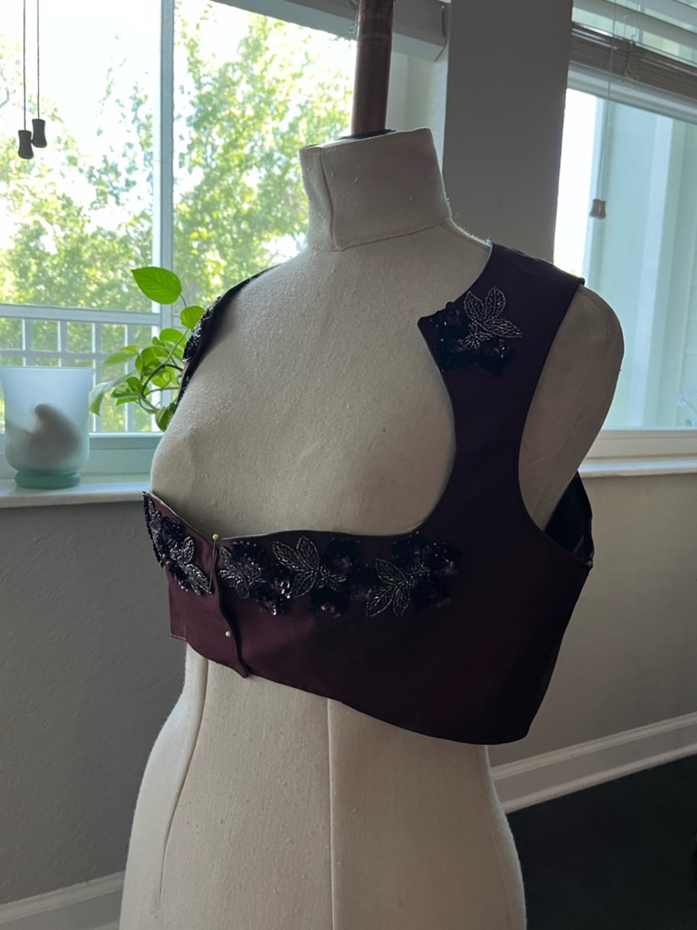 Embellished Burgundy Silk Shantung Crop Vest XL OOAK